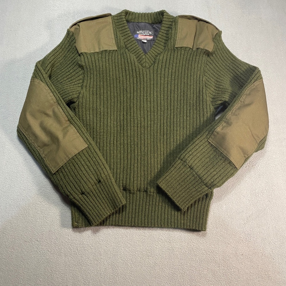 Mitts Nitts Commando Sweater Mens Small Green Excellent Wool Ribbed Epaulets